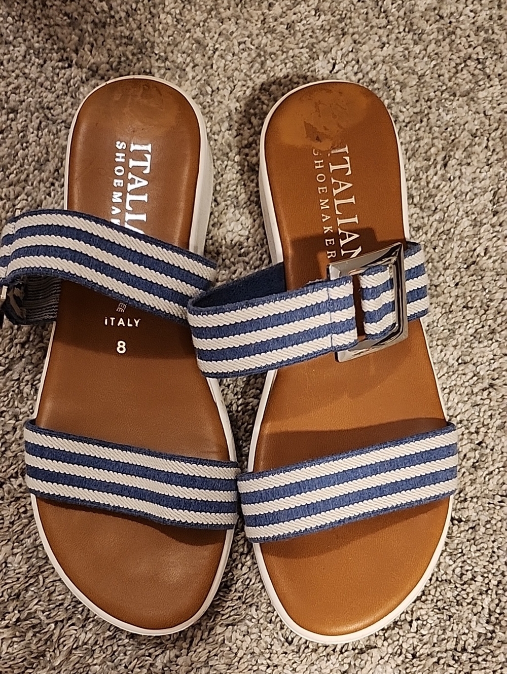 Italian Shoemakers Navy & White Striped Buckle Slide Sandals